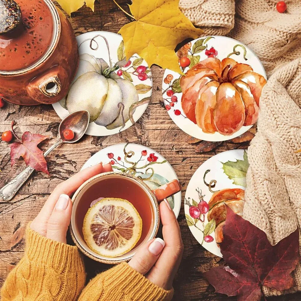 Fall Pumpkin Coaster Autumn Round Drink Coasters Absorbent Natural Ceramic Coast